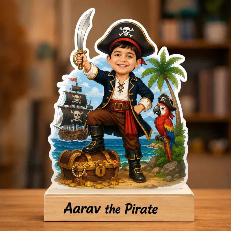 Pirate-themed decorative figure with a child's face on a wooden base, set against a blurred indoor background.