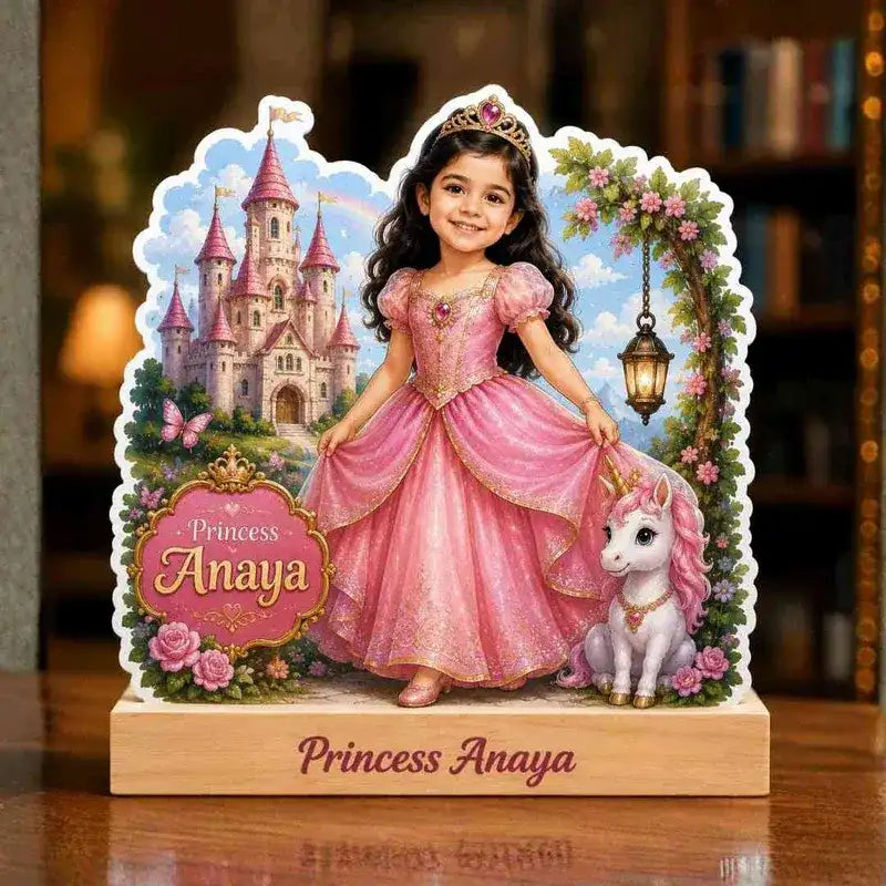 Decorative sign with a princess character and castle in the background