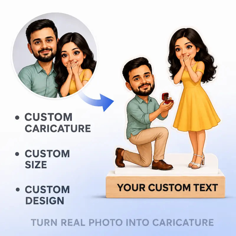 Custom caricature service graphic showing a real couple's photo transformed into a cartoon-style couple on a pedestal, with text listing features like custom caricature, size, and design, plus a blue arrow indicating the conversion process.