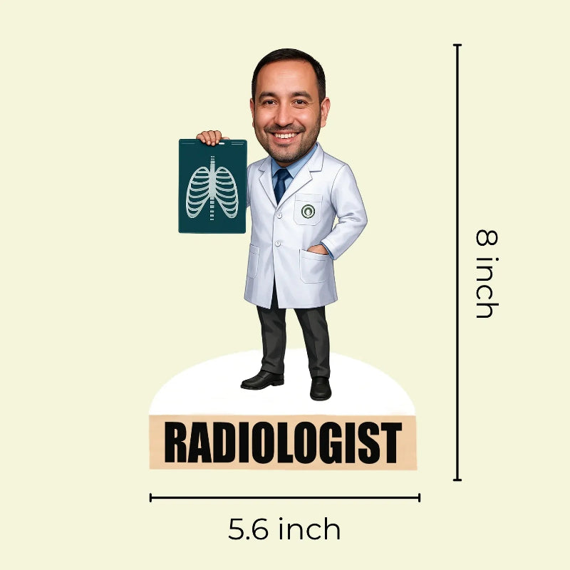 Cardboard standee of a radiologist with dimensions on a beige background