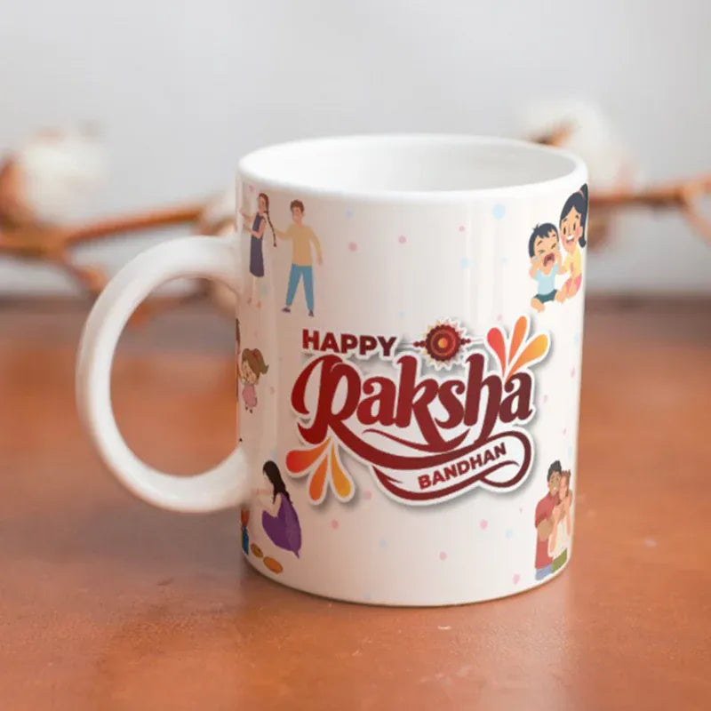 Rakhi coffee mug ceramic mug with cute brother sister illustration raksha bandhan.