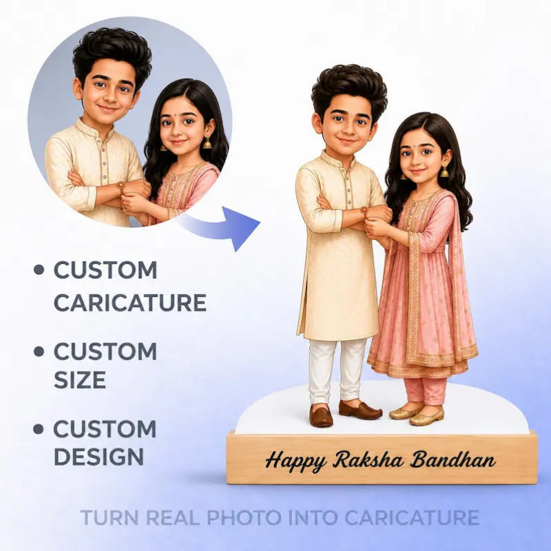Custom caricature portrait service graphic showing a real photo of a boy and girl in a circular inset, transformed into a stylized illustrated version standing on a wooden base that reads 'Happy Raksha Bandhan.' Text on the left lists features: custom caricature, custom size, and custom design.