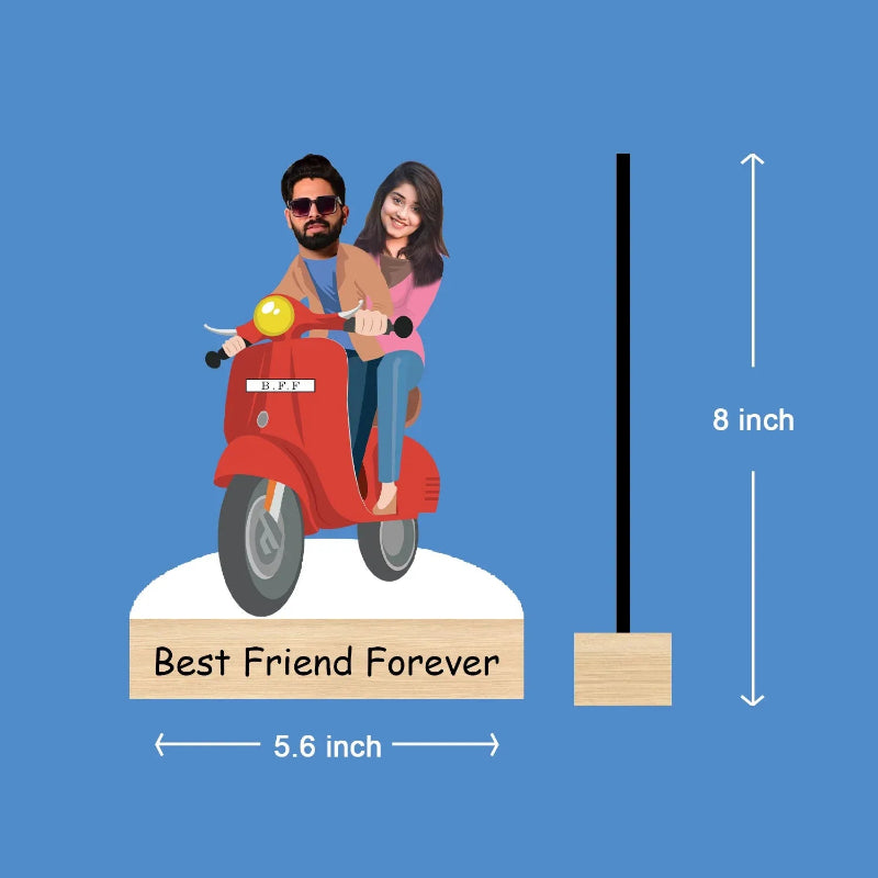 Illustration of a man and woman on a red scooter with 'Best Friend Forever' text, against a blue background.