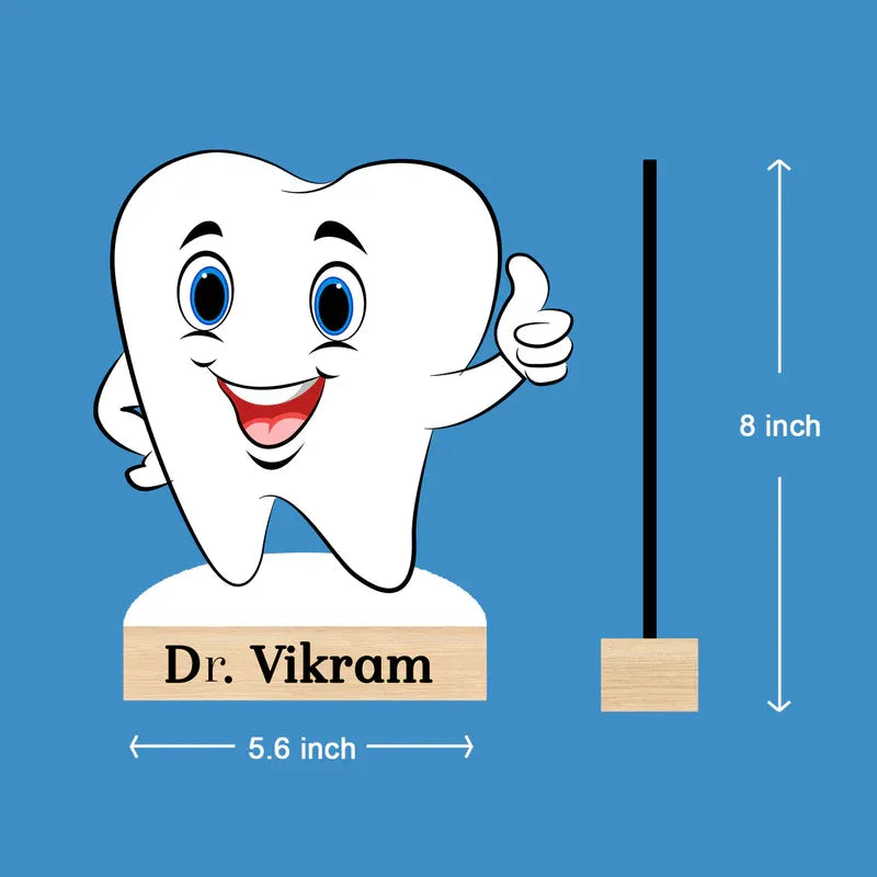 Cartoon tooth character with a 'Dr. Vikram' sign and measurements on a blue background