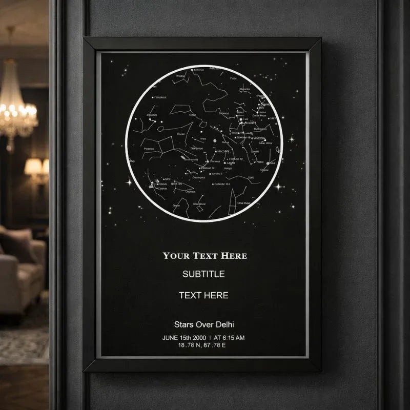 Framed star map poster with customizable text on a dark wall.