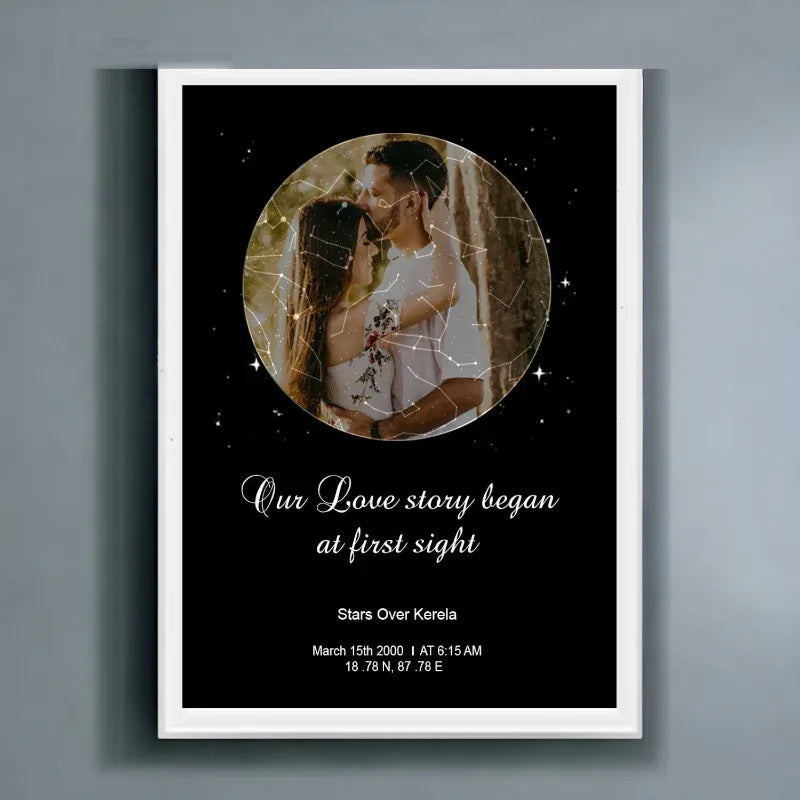 Framed artwork with a couple's photo and text on a black background