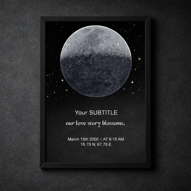Framed star map with customizable text on a dark background