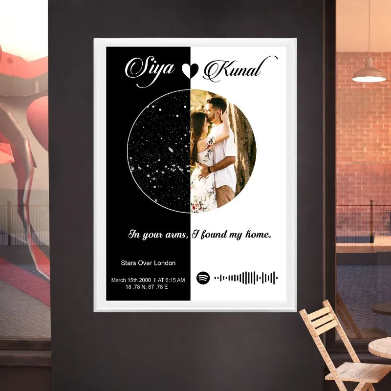 Star map gift with couple's name, heart design, and text in a modern interior setting.