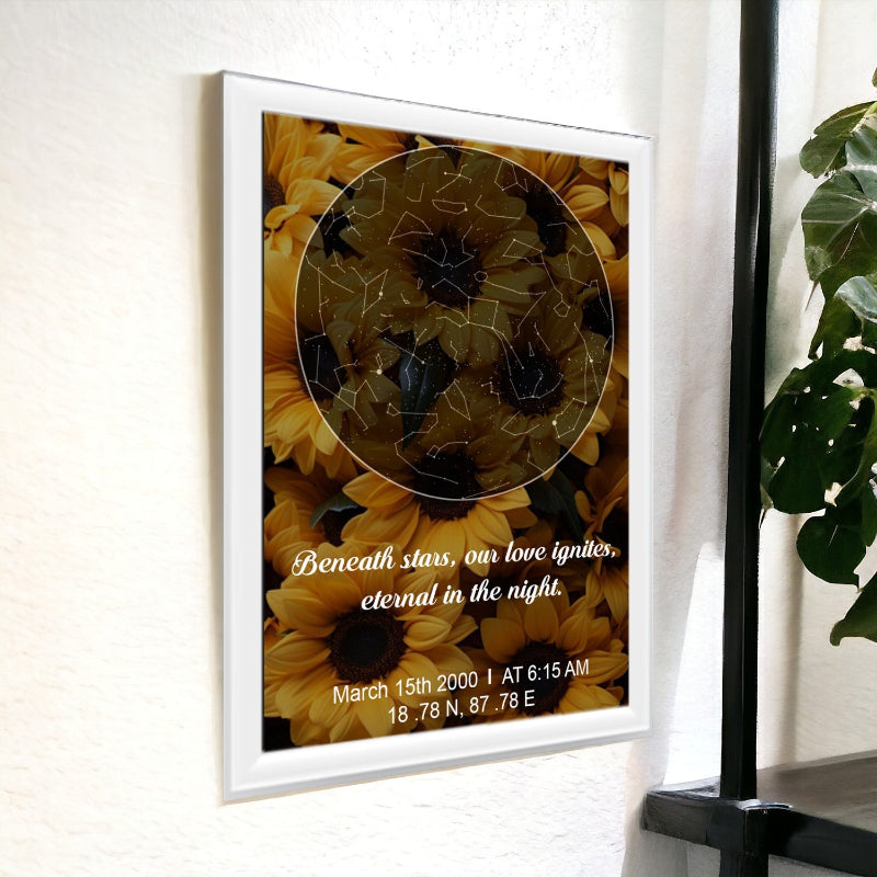 custom star map with sunflowers, white wall personalised names and message, India.