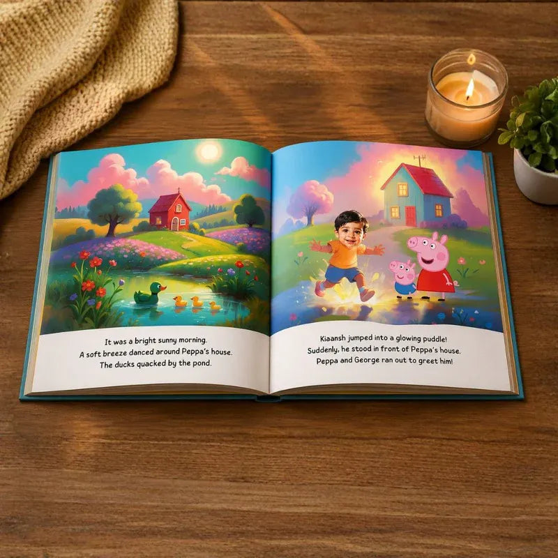 Open children's book with colorful illustrations on a wooden table with a candle and plant.