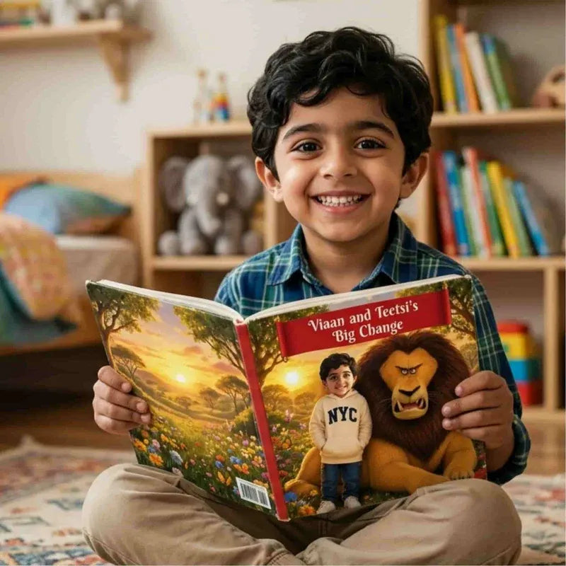 A smiling young boy sits cross-legged on a patterned rug in a cozy children's room, holding an open personalized children's book titled 'Vlaan and Teetsi's Big Change'. The book cover features a colorful sunset landscape and an illustration of a boy next to a lion.