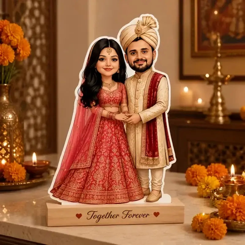 Personalized cardboard cutout couple figurine of a bride and groom standing together on a wooden base engraved with 'Together Forever'. The bride wears a red and gold lehenga, and the groom wears a beige sherwani with a gold turban.