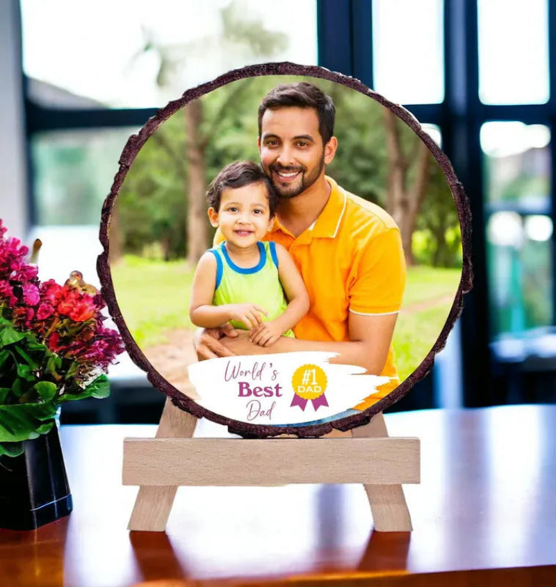 fathers day gifts handmade — custom wooden slice photo frame for dad with family photo and personalised message on real natural wood — ZingyGifts India.
