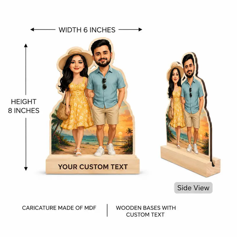 Custom wooden standee caricature of a couple on a white background, showing front and side views with dimension labels: width 6 inches and height 8 inches. The base says 'YOUR CUSTOM TEXT.