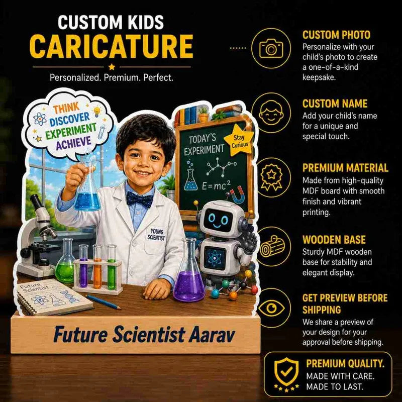 Custom kids caricature of a child labeled 'Future Scientist Aarav' with educational elements and a wooden base.