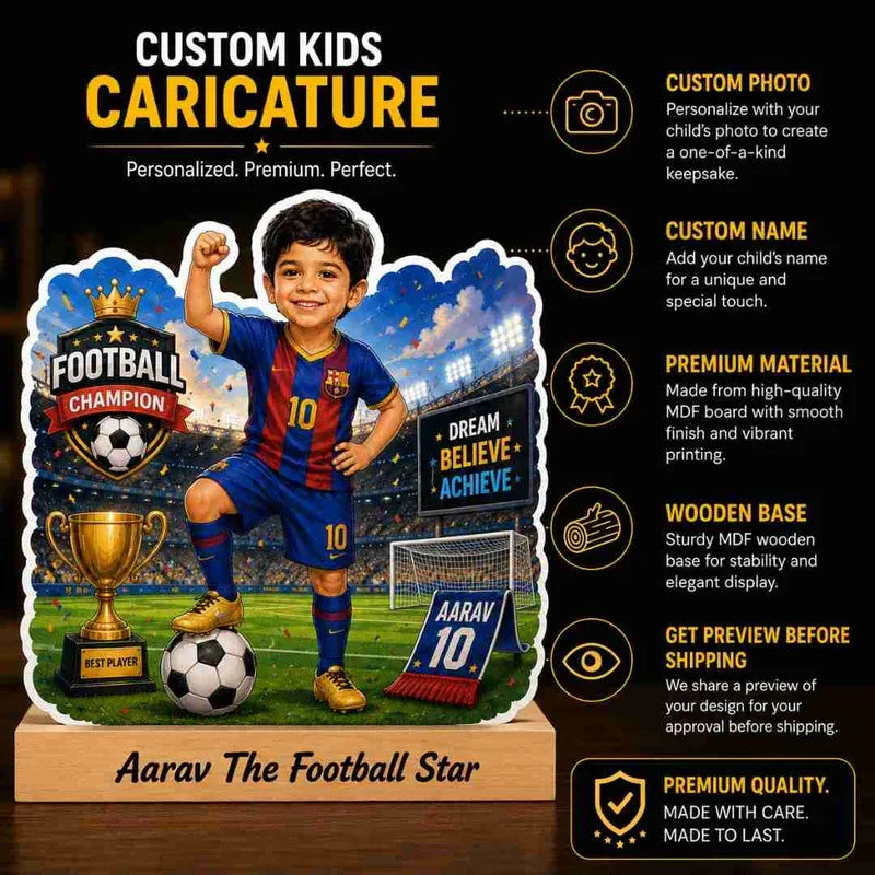 Custom kids caricature of a boy in a football-themed outfit with a trophy and soccer ball on a wooden base.