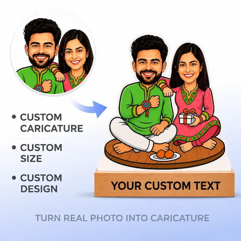 Custom cartoon caricature service graphic showing a couple's portrait turned into a seated figurine on a wooden base with text reading 'YOUR CUSTOM TEXT.' The left side lists features like custom caricature, custom size, and custom design, and the top left shows the original real-photo reference circle.