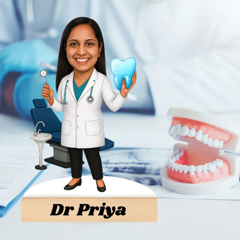 Cartoon character of a dentist holding dental tools with a dental chair and model in the background.