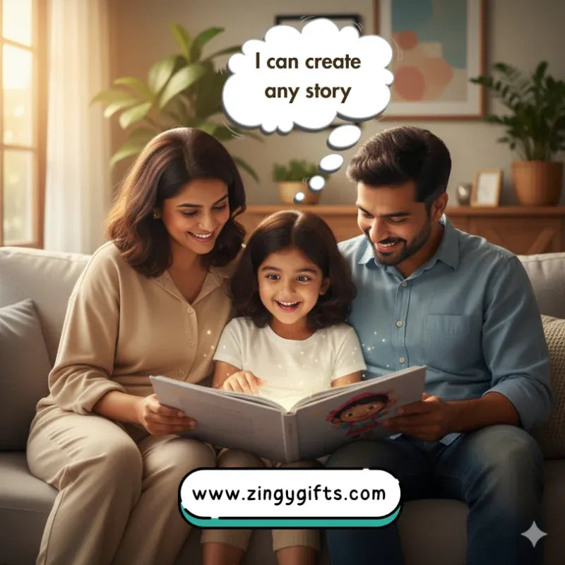 Family reading a photo story book for children together in a cozy living room with 'www.zingygifts.com' displayed.