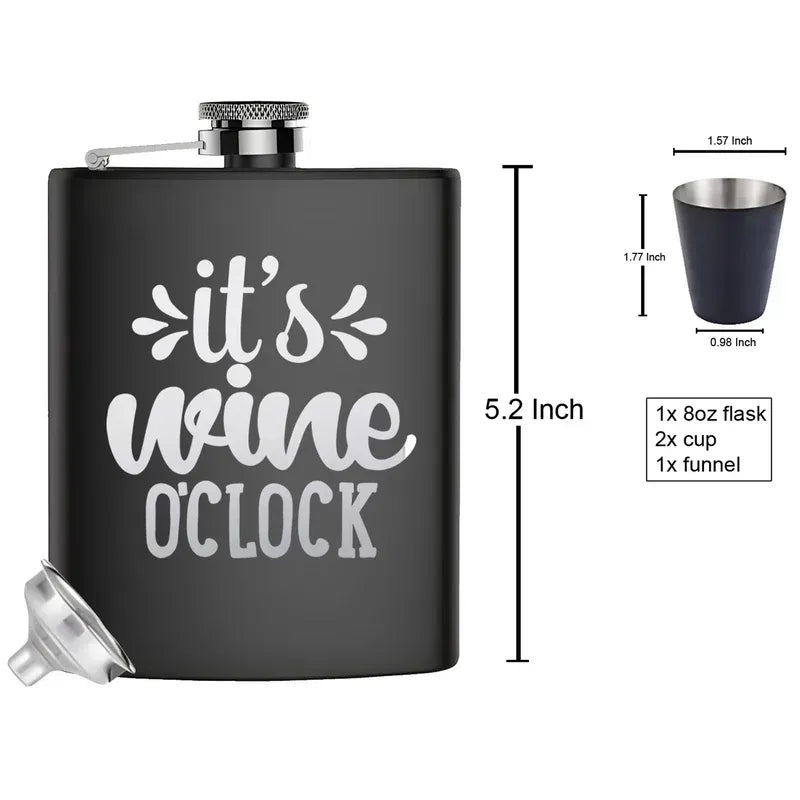 Black flask with 'it's wine o'clock' text and measurements on a white background