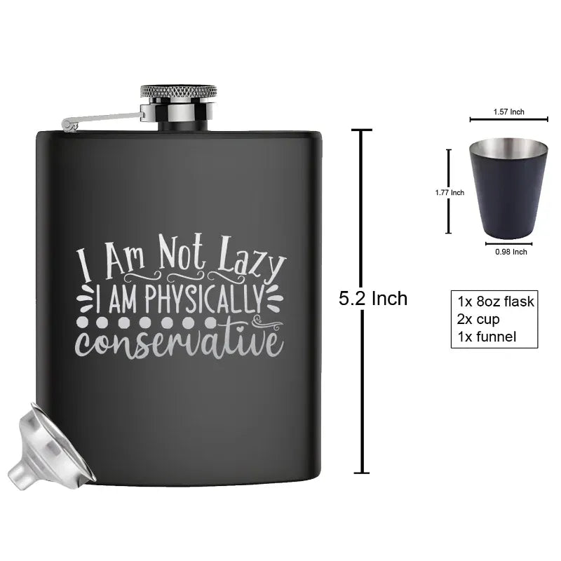 Black flask with humorous text and measurements on a white background
