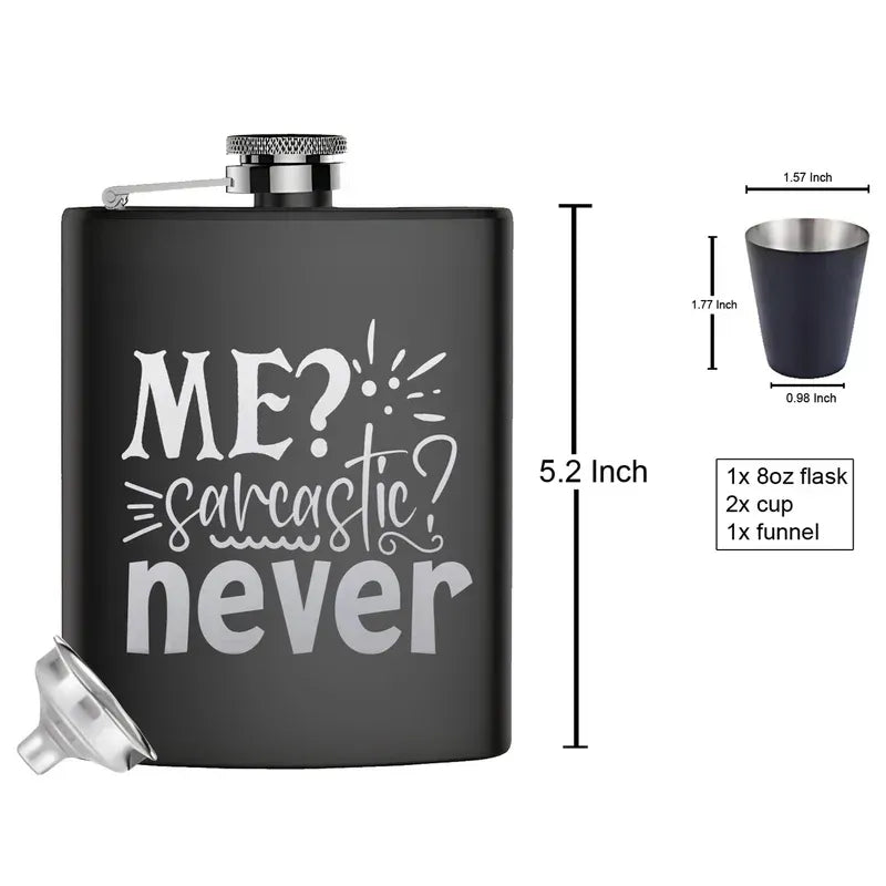 Black flask with 'ME? Salacious? Never' text, dimensions, and accessories on a white background