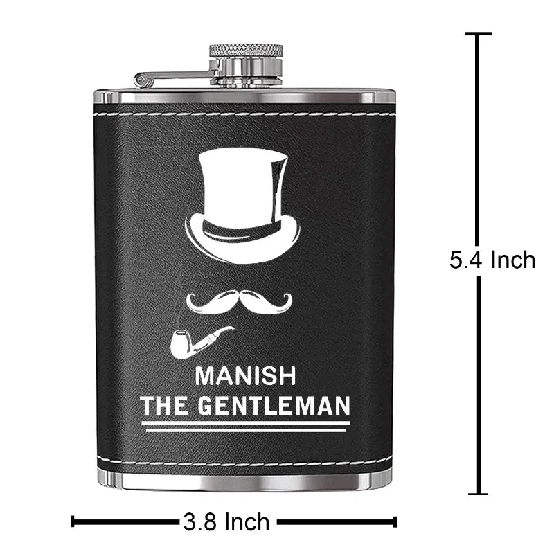 Black flask with white graphics and text, dimensions displayed