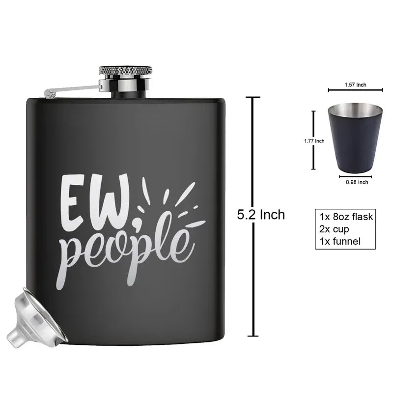 Black flask with 'EW people' text, dimensions, and included items on a white background