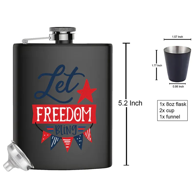 Black flask with 'Let Freedom Ring' design and measurements on a white background