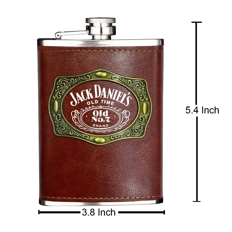 Jack Daniel's flask with dimensions on a white background
