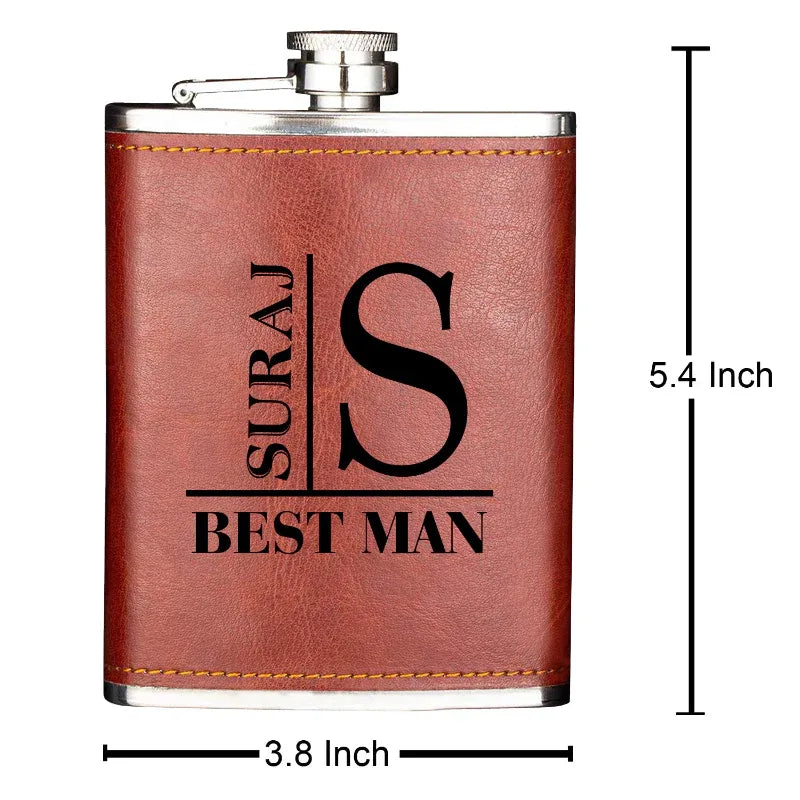 Brown leather flask with engraved text and dimensions displayed