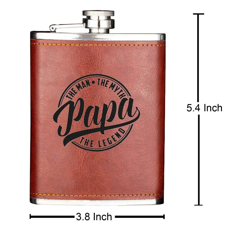 Brown leather flask with 'Papa' engraving and measurements on a white background