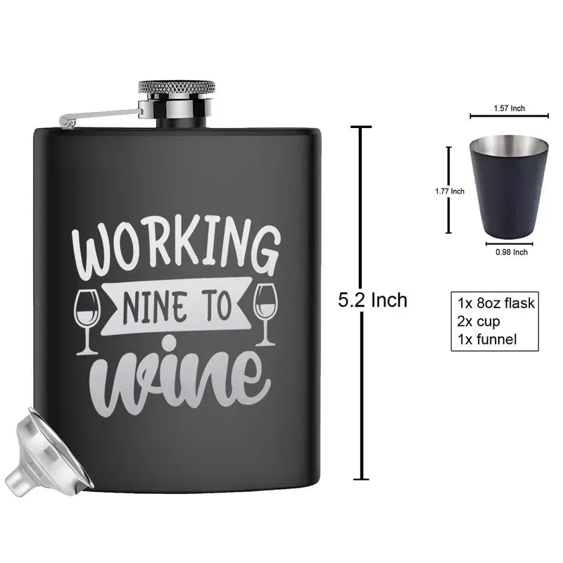 Black flask with 'Working Nine to Wine' text and measurements on a white background