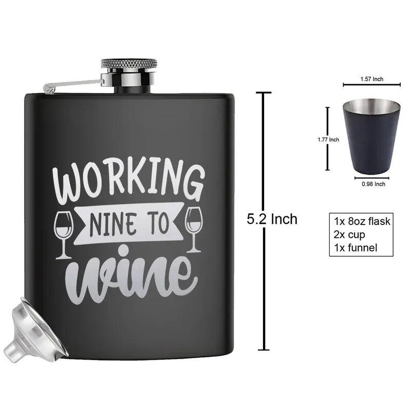 Black flask with 'Working Nine to Wine' text and measurement details on a white background