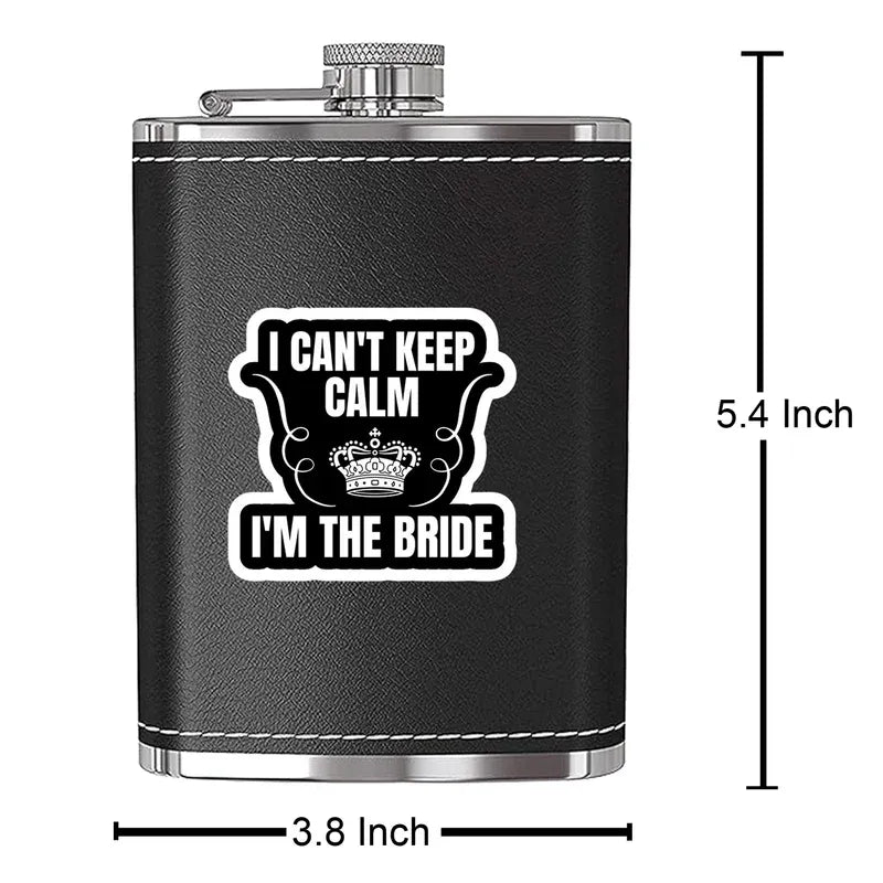 Black flask with 'I can't keep calm, I'm the bride' text and measurements on a white background