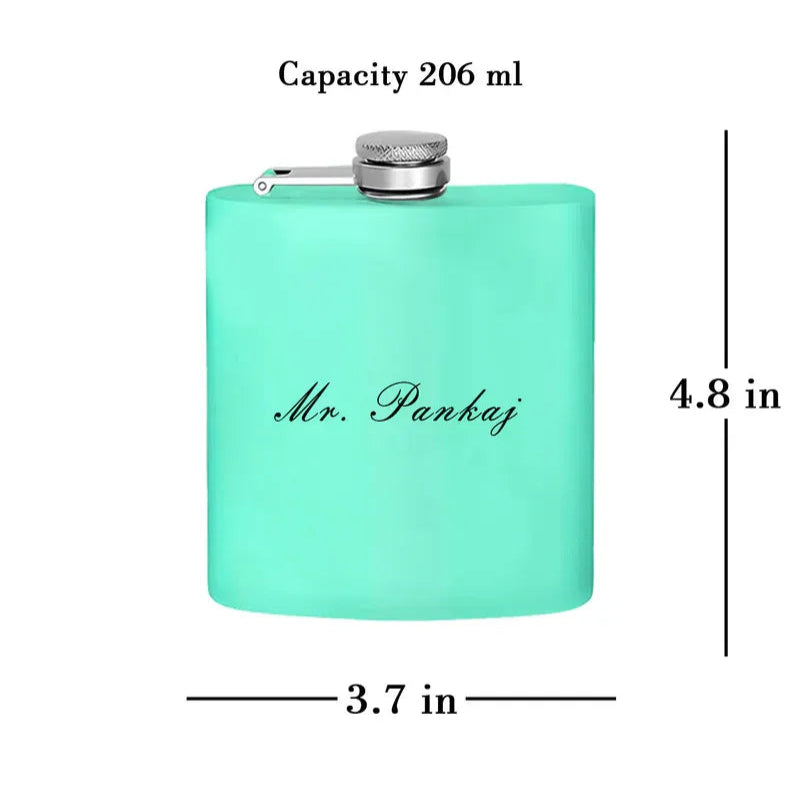 Mint green flask with 'Mr. Pankaj' engraving and measurements on a white background