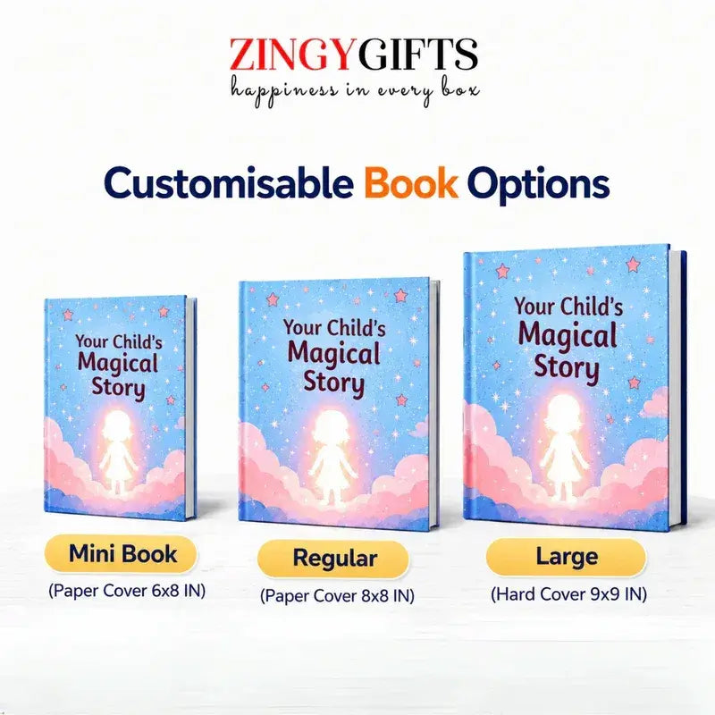 Zingy Gifts customizable book options with different sizes on a white background