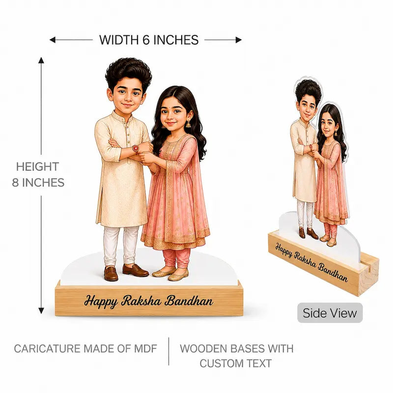 Customizable caricature acrylic standee of a boy and girl in traditional Indian attire, displayed on wooden bases with dimension annotations showing 6 inches width and 8 inches height.