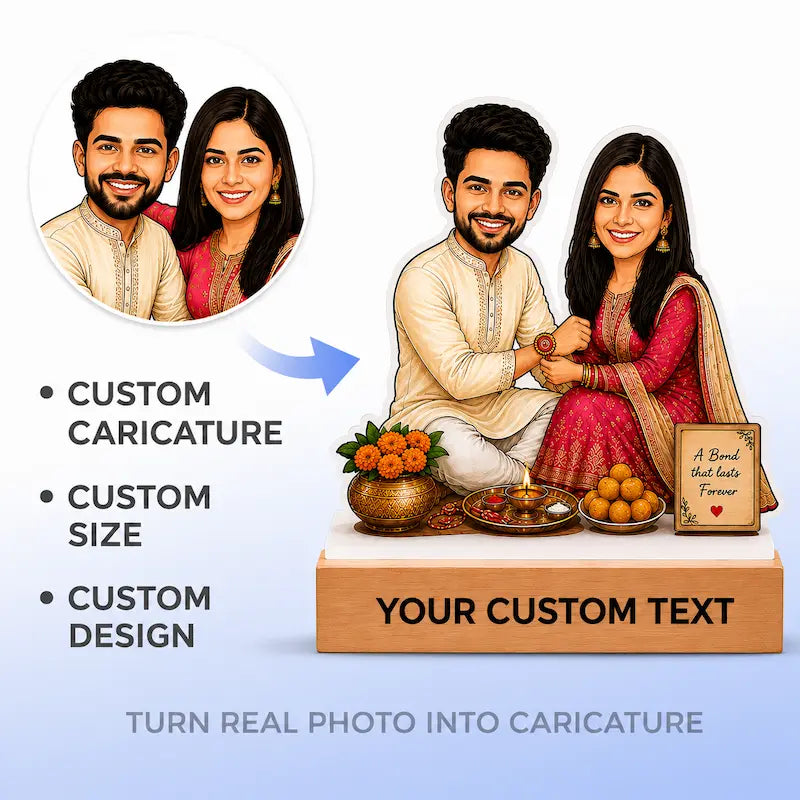 Customizable cartoon caricature couple memorial plaque design shown on a light blue gradient background. The right side displays a finished illustrated plaque of a smiling couple seated together on a wooden base with decorative food items and a small framed remembrance sign.