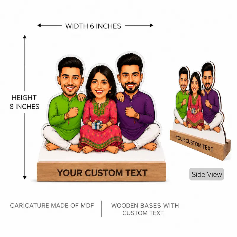Customizable family caricature wall art shown with dimensions: a main front view of a four-person cartoon family on a wooden base labeled 'YOUR CUSTOM TEXT,' a side view, and text noting 6 inches wide by 8 inches high. The image explains the product rather than simply showing it as a clean product shot, so Instruction Diagram fits better than Product/Packaging.