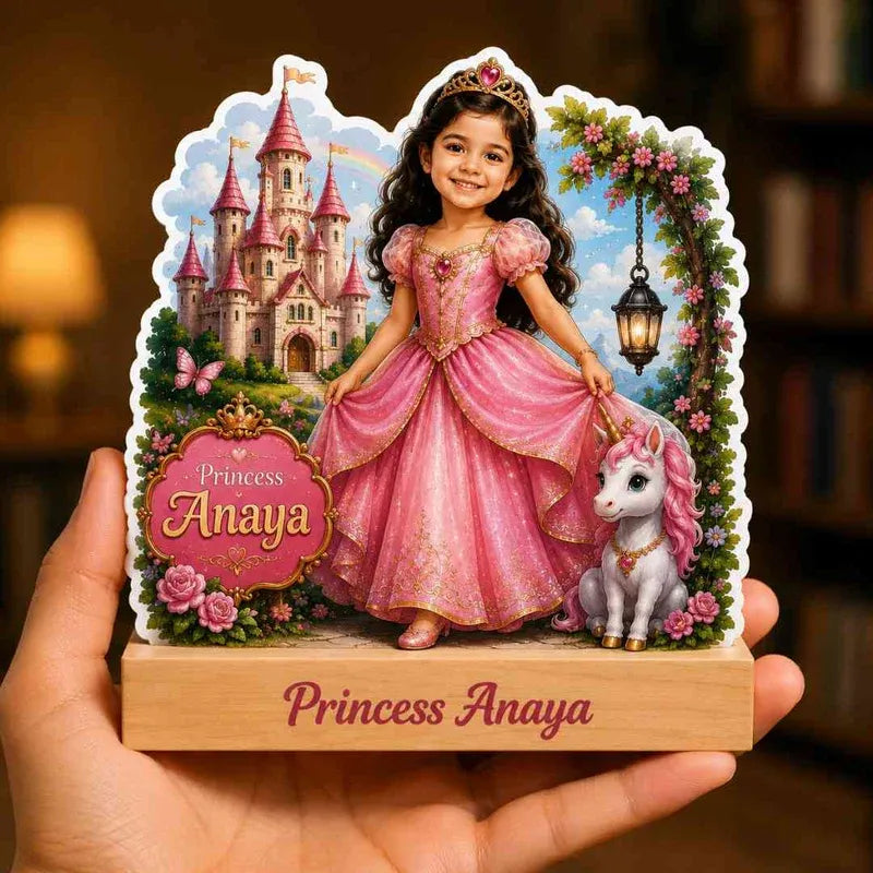 Personalized decorative plaque with a princess in a pink dress, castle, and unicorn on a wooden base.