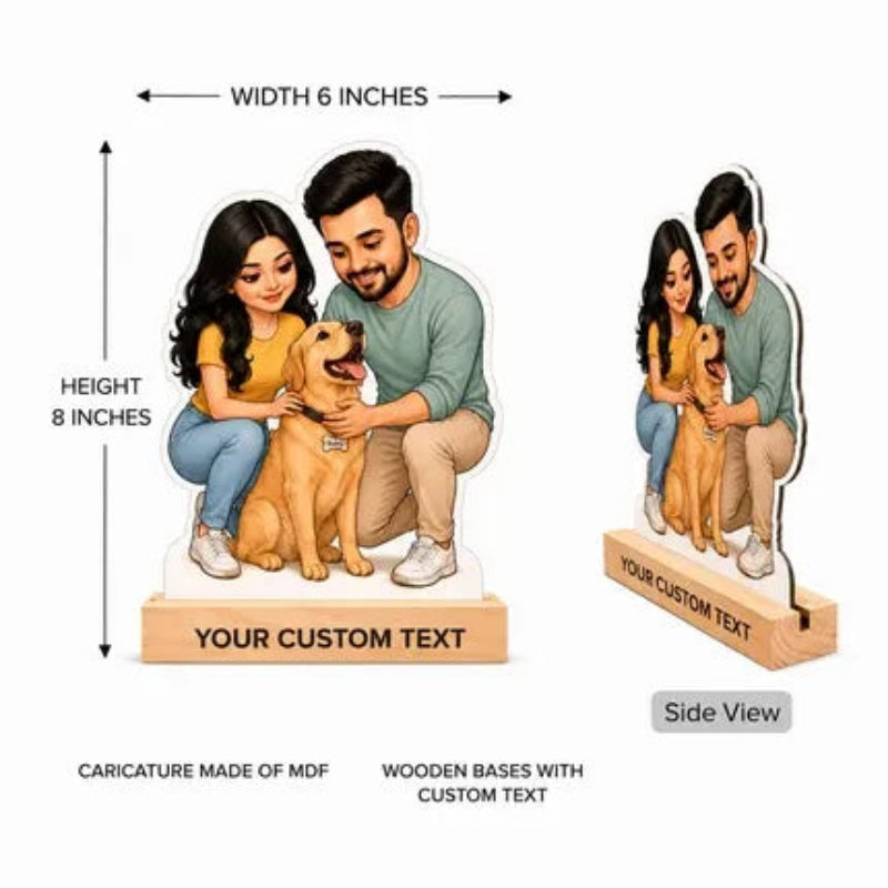 Customizable MDF acrylic standee featuring a cartoon couple and their golden dog, shown with dimension labels (6 inches wide, 8 inches high) and a side view on a white background.