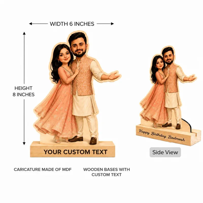 Customizable MDF couple figurines shown with dimension arrows indicating 6 inches wide by 8 inches tall, plus a side view and text noting wooden bases with custom text.