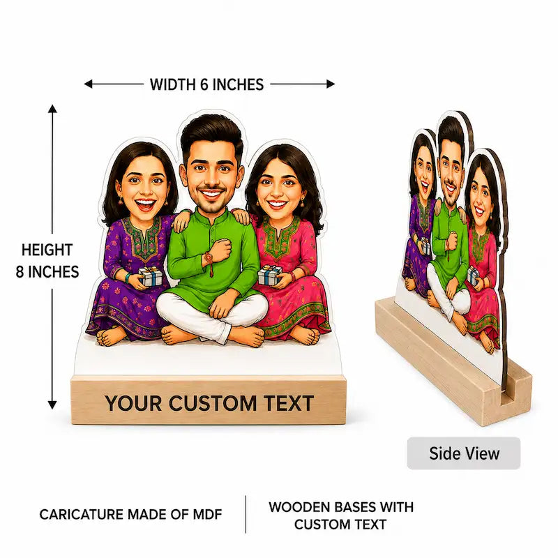 Customizable MDF wooden family caricature photo stand with a 3D family cutout and a wooden base with custom text, shown with dimension arrows (6 inches wide, 8 inches high) and a side view on a white background.
