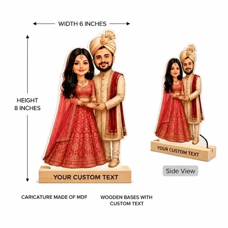 Customizable MDF wooden figurine of a couple in traditional Indian attire, shown with dimension annotations (6 inches wide by 8 inches high) and a side view on a white background.