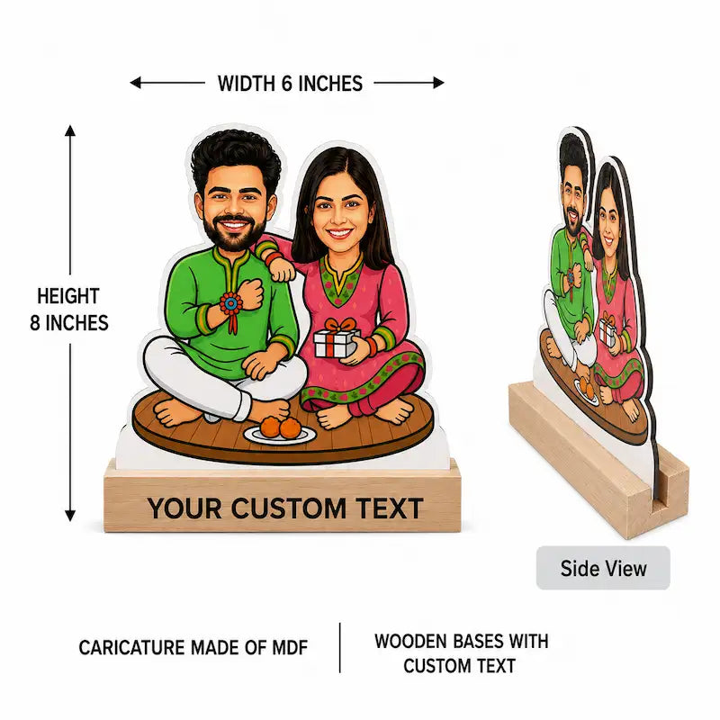 Customizable MDF wooden standee featuring a cartoon couple illustration, shown with front and side views on a white background. The image includes dimension labels indicating 6 inches width and 8 inches height, along with text noting the product is made of MDF and the wooden base supports custom text.
