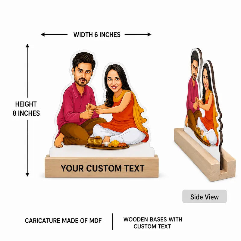 Customizable MDF wooden standees featuring a caricature illustration of a couple, shown with dimension labels (6 inches wide, 8 inches high), a side view, and text indicating customizable wooden bases.
