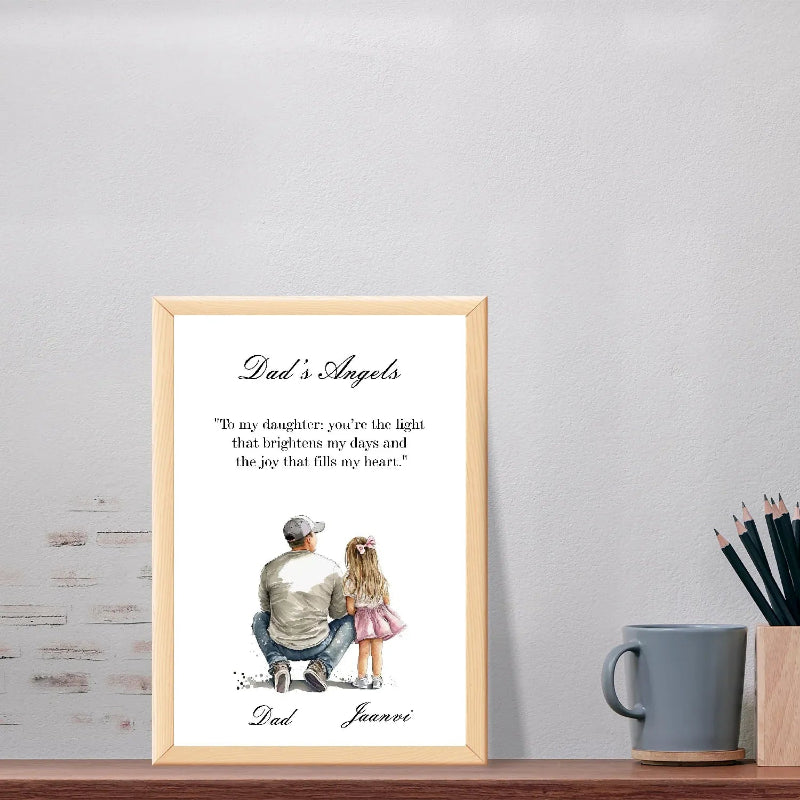 Framed print with a father and daughter illustration and text on a shelf.