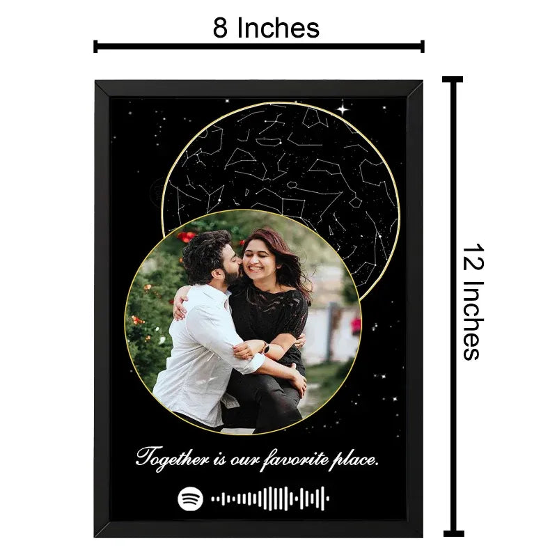 Framed artwork with a couple and constellation design, dimensions shown.