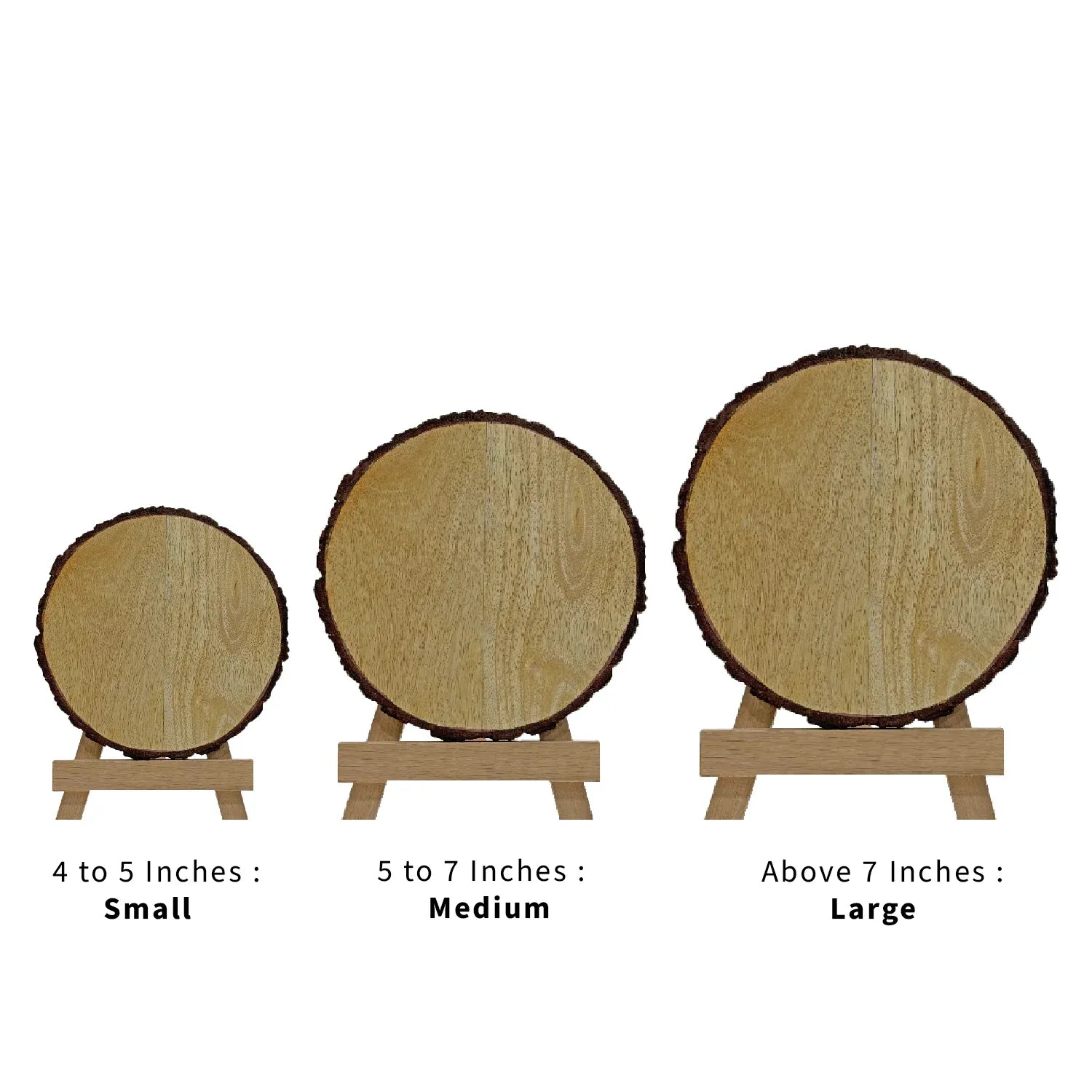 Three wooden slices on stands with size labels below them.